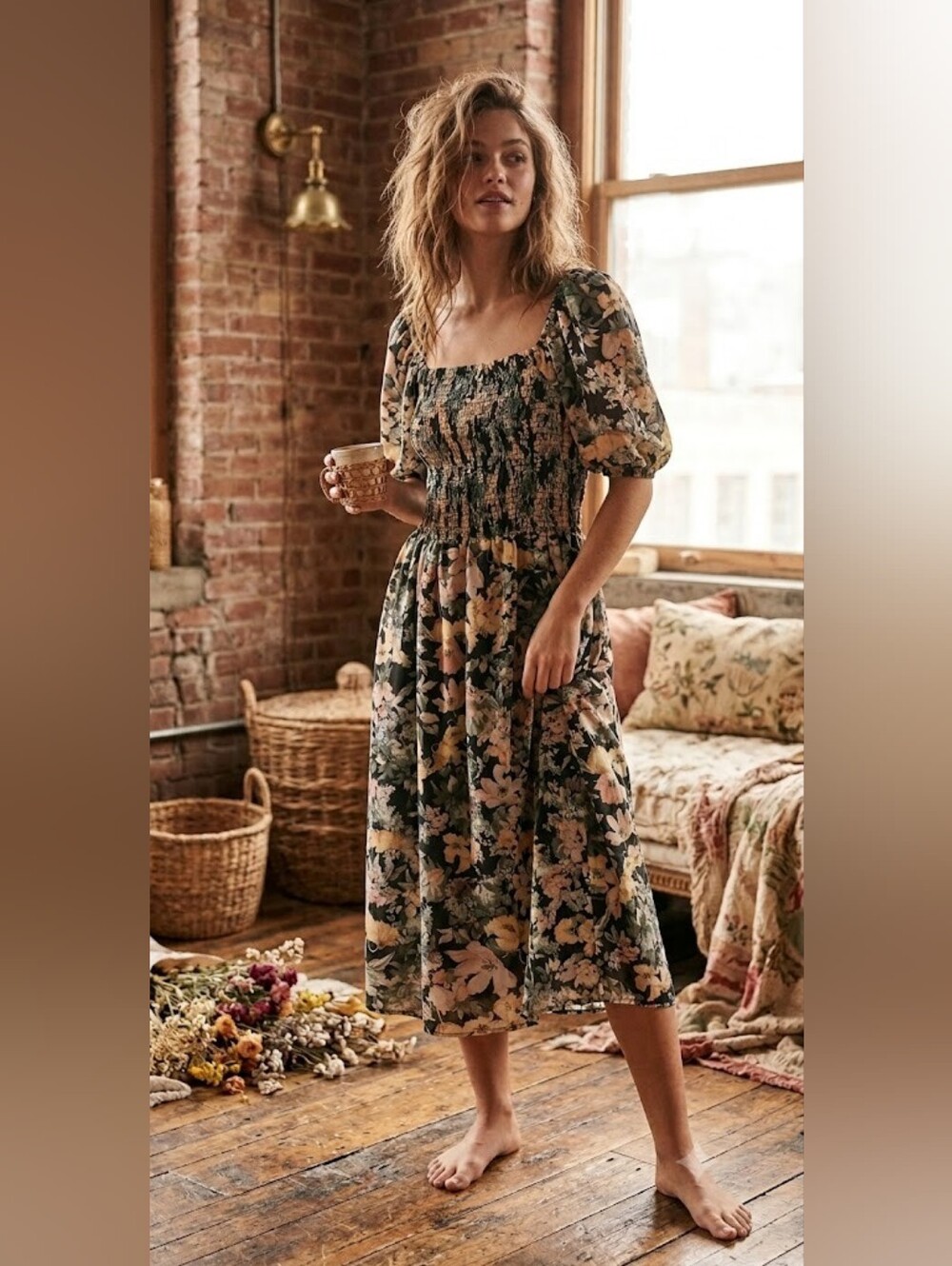 Maurices Black Floral Maxi Dress with Cream and Blush Accents